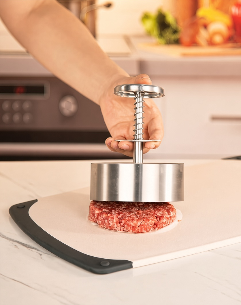 Stainless steel hamburger patty press