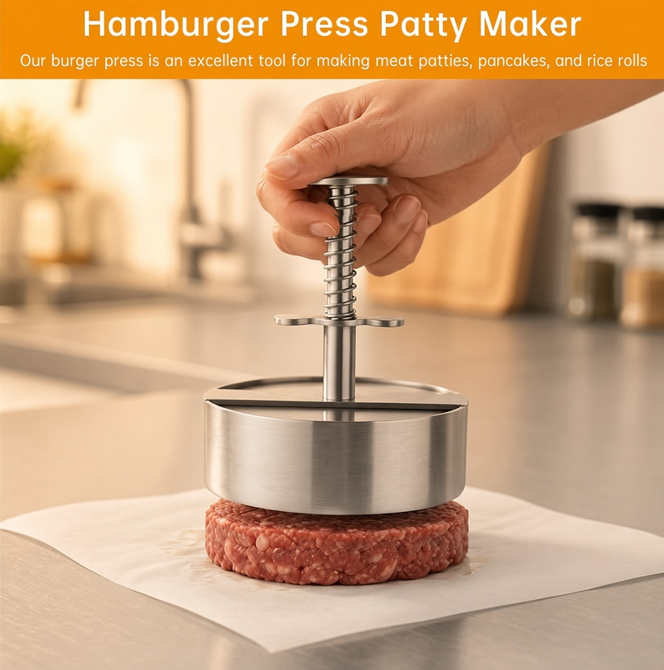 Stainless steel hamburger patty press