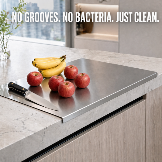 SpotlessCut™ — the steel prep board that keeps your kitchen truly clean.
