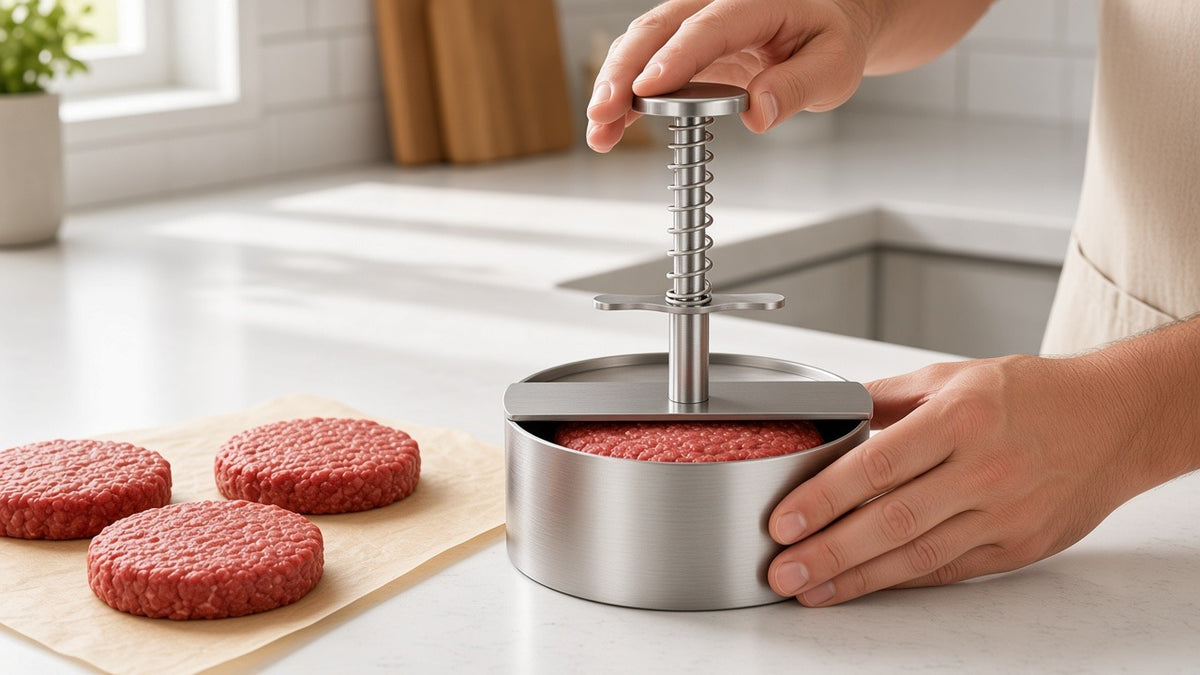 Hands using stainless steel hamburger patty press